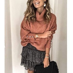 New Turtle Cowl Oversized Button Sleeves Sweater